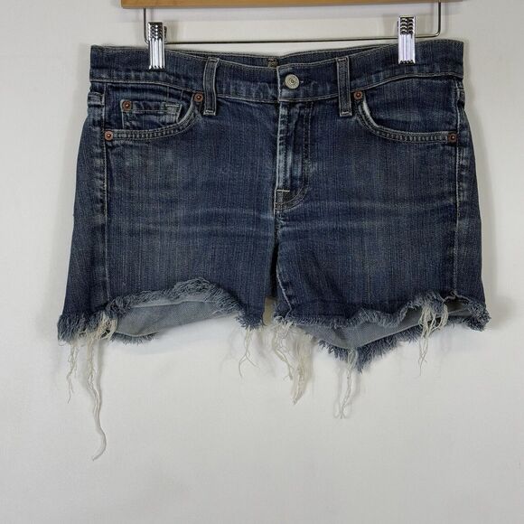 Seven For All Mankind 7FAMK Raw Edge DIY Cut Off Low Rise Denim Shorts Womens 28 - Picture 1 of 9